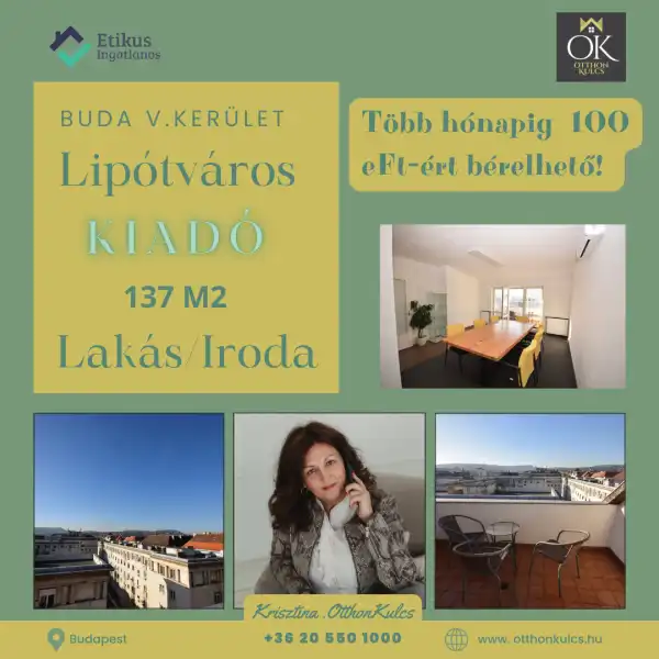 Kiadó ingatlan, Budapest, V. kerület 5 szoba 137 m² 560 E Ft/hó